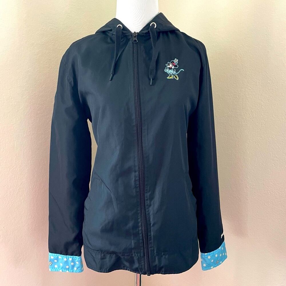 Vintage Walt Disney EMBROIDERED FLORAL Minnie Mouse Black Park Rain Jacket Small